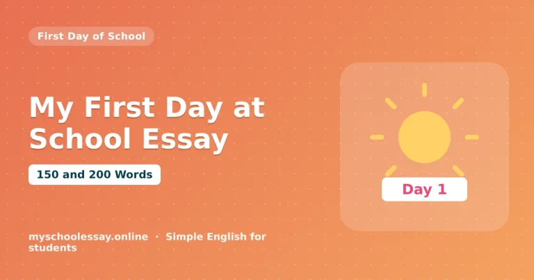 My First Day at School Essay: 150 and 200 Words - school essay guide with icon and key points for students
