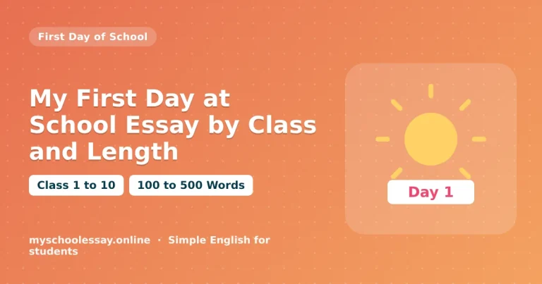 My First Day at School Essay by Class and Length - school essay guide with icon and key points for students