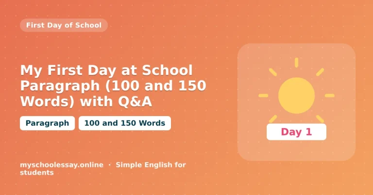 My First Day at School Paragraph (100 and 150 Words) with Q&A - school essay guide with icon and key points for students