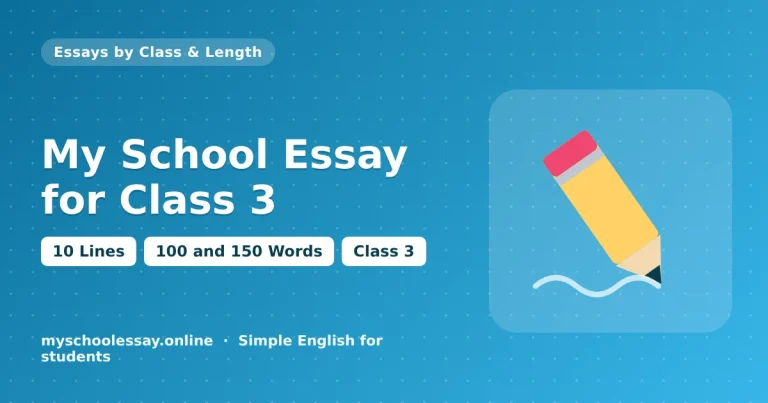 My School Essay for Class 3: 10 Lines, 100 and 150 Words - school essay guide with icon and key points for students