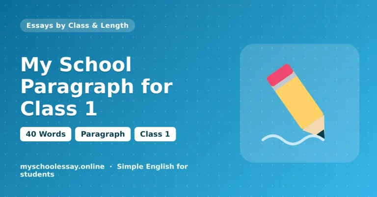 My School Paragraph for Class 1: Easy Lines and 40 Words - school essay guide with icon and key points for students